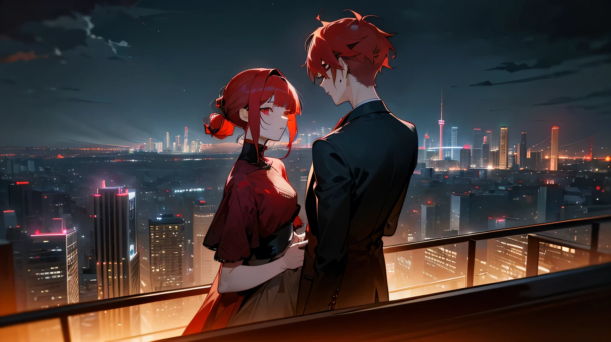 masterpiece, detailed, ( 2 people focus ) , girl and gang male at an night modern cityscape , ( 1 girl and 1 gang male:1.3 ) , red hair male, ( male with red hairstyle:1.3 ) , male's nape hair is long , ( beige hair girl ) , chignon hairstyle girl, ( girl with single chignon hairstyle:1.3 ), messy blunt bangs male , girl with blunt bangs , wearing black suit , deep-red eye , ( male face:1.3 ) , (( The background of the night modern cityscape )) , ( midnight ) , back to back , neon , building , moonlight