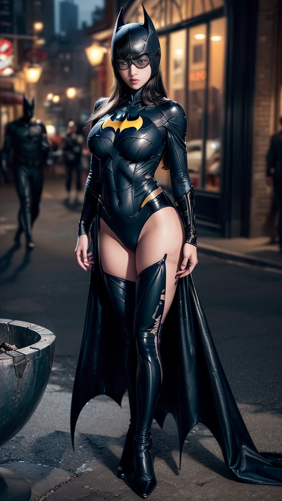 :1.1、((Cowboy Shot))、Mature Woman、(masterpiece, Highest quality), Intricate details, 8K, 1 Girl, Long Hair, Bowl Cut Hair,((blunt bangs))、 Black Hair,((Ultra-detailed and intricately designed Batman suit)),Skyscraper, city, building,street,((Delicate painting)),(Detailed RAW photos of girls), (Pieces fly:1.25), (Highest quality:1.6), (Ultra-high resolution:1.5), (Photorealistic:1.75), 8K resolution, Canon EOS R5, 50mm, Confused, Very detailed,Cinema Lighting、(((Super big breasts)))、Leg spread、The abdomen is visible、((Separate suits))、Ultra-detailed and intricately decorated Batman knee-high socks、Sexye、Ultra-detailed Batman bikini、(((Ripped and tattered suit:1.1)))