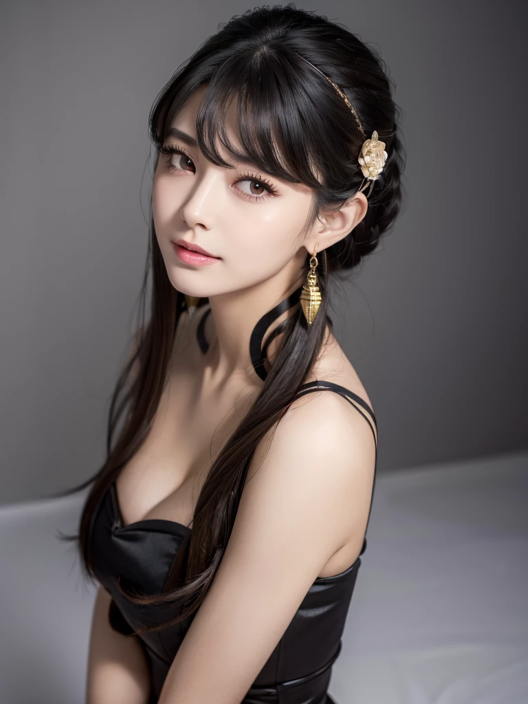 beautiful woman, narrow waist, perfect figure, beautiful eyes, long eyelashes, lustrous lips, perfect body, beautiful skin, (best quality,4K,8K,highres,masterpiece:1.2),ultra-detailed,(realistic,photorealistic,photo-realistic:1.37), cinematic scene, beautiful smile, fashion model, long chestnut hair, attractive clothing, beautiful ornaments、nice black dress、Combat Ready