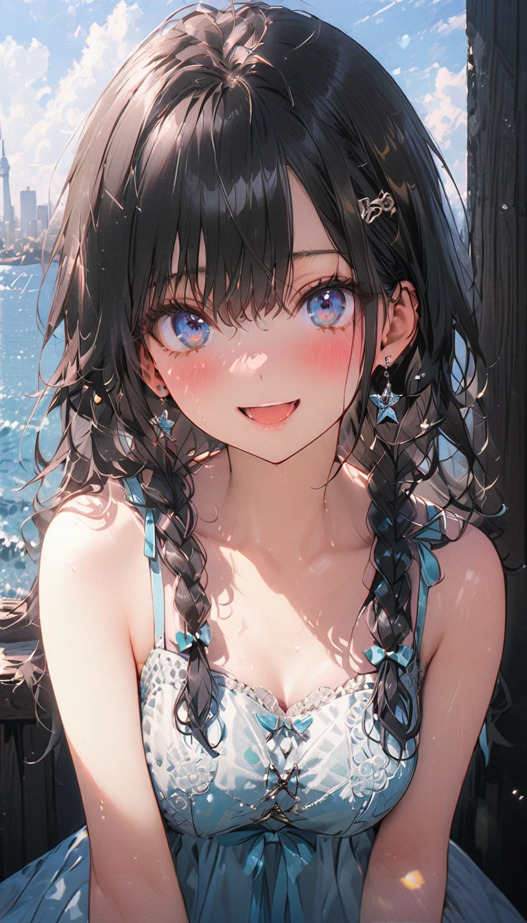 1 Female\(prince,cute,cute,20-year-old,Long braids,Black Hair,Eye color: Ocean Blue,Big eyes,Dynamic pose,,Loose-lipped,Wearing a beautiful lace dress,suffer,Scared,Playfully、panic、smile、Bitter smile、Confused,(Grab her throat),avert your eyes,look up\), break ,background\(city,coastal\), break ,quality\(8K,非常に精細なCGユニットのwallpaper, masterpiece,High resolution,top-quality,top-quality real texture skin,Surreal,Increase the resolution,RAW Photos,最高quality,Very detailed,wallpaper,Cinema Lighting,Ray-tracing,Golden Ratio\),[Browsing Caution]