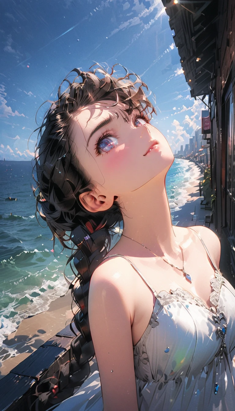 1 Female\(prince,cute,cute,20-year-old,Long braids,Black Hair,Eye color: Ocean Blue,Big eyes,Dynamic pose,,Loose-lipped,Wearing a beautiful lace dress,suffer,Scared,Playfully、panic、smile、Bitter smile、Confused,(Grab her throat),avert your eyes,look up\), break ,background\(city,coastal\), break ,quality\(8K,非常に精細なCGユニットのwallpaper, masterpiece,High resolution,top-quality,top-quality real texture skin,Surreal,Increase the resolution,RAW Photos,最高quality,Very detailed,wallpaper,Cinema Lighting,Ray-tracing,Golden Ratio\),[Browsing Caution]