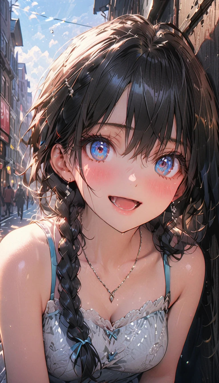 1 Female\(prince,cute,cute,20-year-old,Long braids,Black Hair,Eye color: Ocean Blue,Big eyes,Dynamic pose,,Loose-lipped,Wearing a beautiful lace dress,suffer,Scared,Playfully、panic、smile、Bitter smile、Confused,(Grab her throat),avert your eyes,look up\), break ,background\(city,coastal\), break ,quality\(8K,非常に精細なCGユニットのwallpaper, masterpiece,High resolution,top-quality,top-quality real texture skin,Surreal,Increase the resolution,RAW Photos,最高quality,Very detailed,wallpaper,Cinema Lighting,Ray-tracing,Golden Ratio\),[Browsing Caution]