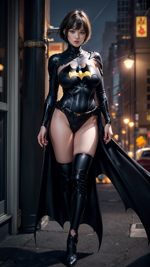 nsfw:1.1、((Cowboy Shot))、Mature Woman、(masterpiece, Highest quality), Intricate details, 8K, 1 Girl, Long Hair, Bowl Cut Hair,((blunt bangs))、 Black Hair,((Batman suit with delicate and detailed design)),Skyscraper, city, building,street,((Delicate painting)),(Detailed RAW photos of girls), (Pieces fly:1.25), (Highest quality:1.6), (Ultra-high resolution:1.5), (Photorealistic:1.75), 8K resolution, Canon EOS R5, 50mm, Confused, Very detailed,Cinema Lighting、(((Super big breasts)))、Leg spread、The abdomen is visible、((Separate suits))、Batman knee-high socks with delicate and detailed decoration、Sexy pose、Batman bikini with delicate and detailed embellishment、(((Ripped and tattered suit:1.1)))