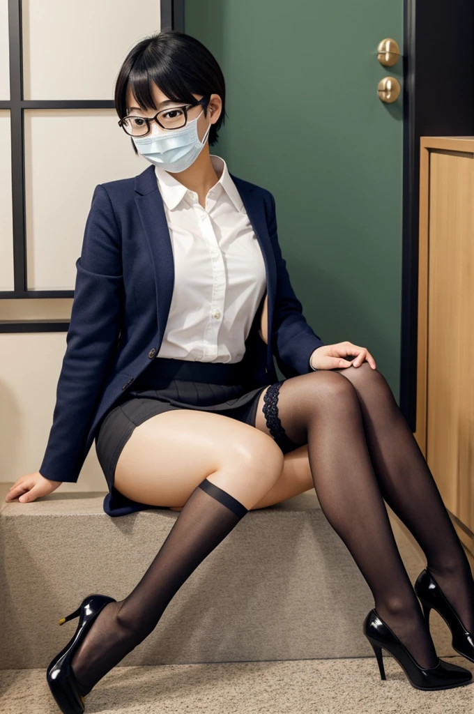 Japanese girl with short hair with glasses and face mask, a mini skirt, stockings and heels