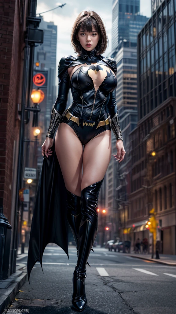 nsfw:1.1、((Cowboy Shot))、Mature Woman、(masterpiece, Highest quality), Intricate details, 8K, 1 Girl, Long Hair, Bowl Cut Hair,((blunt bangs))、 Black Hair,((Batman suit with delicate and detailed design)),Skyscraper, city, building,street,((Delicate painting)),(Detailed RAW photos of girls), (Pieces fly:1.25), (Highest quality:1.6), (Ultra-high resolution:1.5), (Photorealistic:1.75), 8K resolution, Canon EOS R5, 50mm, Confused, Very detailed,Cinema Lighting、(((Super big breasts)))、Leg spread、The abdomen is visible、((Separate suits))、Batman knee-high socks with delicate and detailed decoration、Sexy pose、Batman bikini with delicate and detailed embellishment、(((Ripped and tattered suit:1.1)))