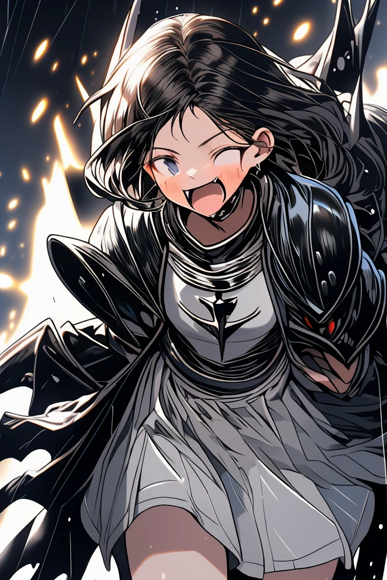 female knight　Black Armor　Torn white skirt　White underwear　Black Hair　battlefield　heavy rain