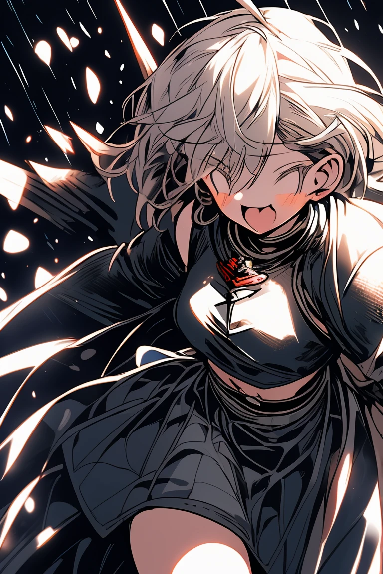 female knight Black Armor Torn white skirt White underwear Black Hair battlefield heavy rain