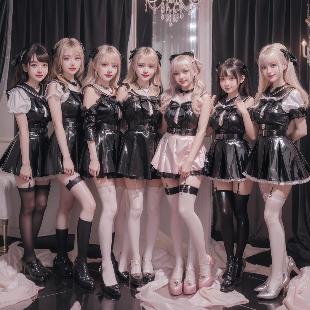8K resolution, surreal, Super detailed, high quality, perfect anatomy, jammed, (4 girls)++, group shot, perfect proportion, full body, (((shiny satin, shiny latex, jirai fashion, shiny black sailor collar, shiny white sailor uniform, short dress with many frills, pink Lace, shiny black pleated micro mini skirt, bow ribbon)))+, (((bleached hair)))+, ((super large breasts)), sitting on bed, (At the bedroom with Chandelier at late night), ((see-through black thighhighs))+, looking at viewer, shiny skin, ((grin, smile, happy)), ((wearing black face mask))
