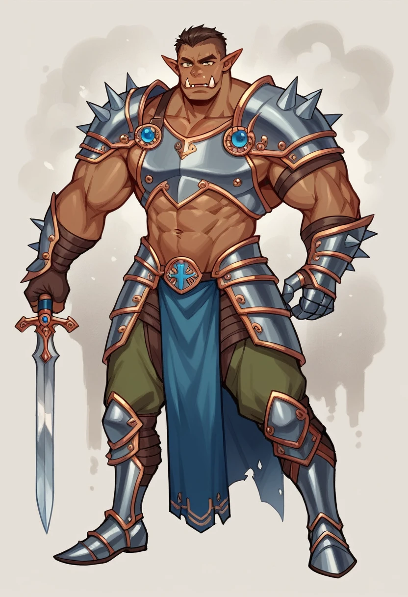 Skin: blue-azure. Ears: sharp, elf-like. Build: muscular, orc-like. Fangs: massive. Eyes: piercing, icy blue. Hair: dark blue, cascading to shoulders. Armor: fully enclosed, predominantly azure with intricate brown accents and mystical engravings. Pauldrons: broad, spiked. Gauntlets: reinforced. Greaves: sturdy. Weapon: double-edged battle axe (ancient, etched blade) and dagger (sheathed at side). Overall appearance: a blend of savage strength and otherworldly grace.