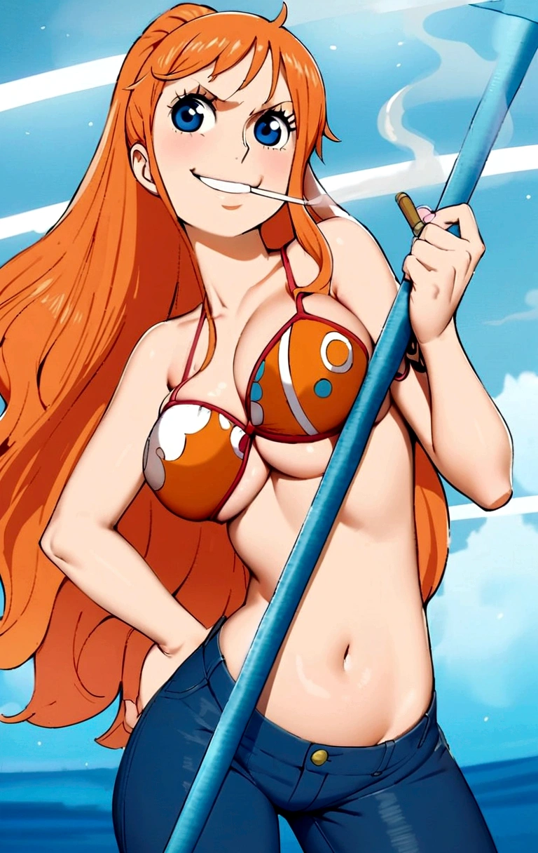 a cartoon picture of a woman in a bikini top and jeans, nami one piece, nami from one piece, nami, beautiful portrait of nami, from one piece, oppai, blue eyes, smoking, ponytail