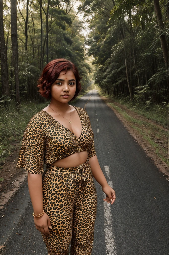 A young chubby Indian girl with short red hair and fair complexion siting on a dark alone forest road wearing a cheetah print jumpsuit