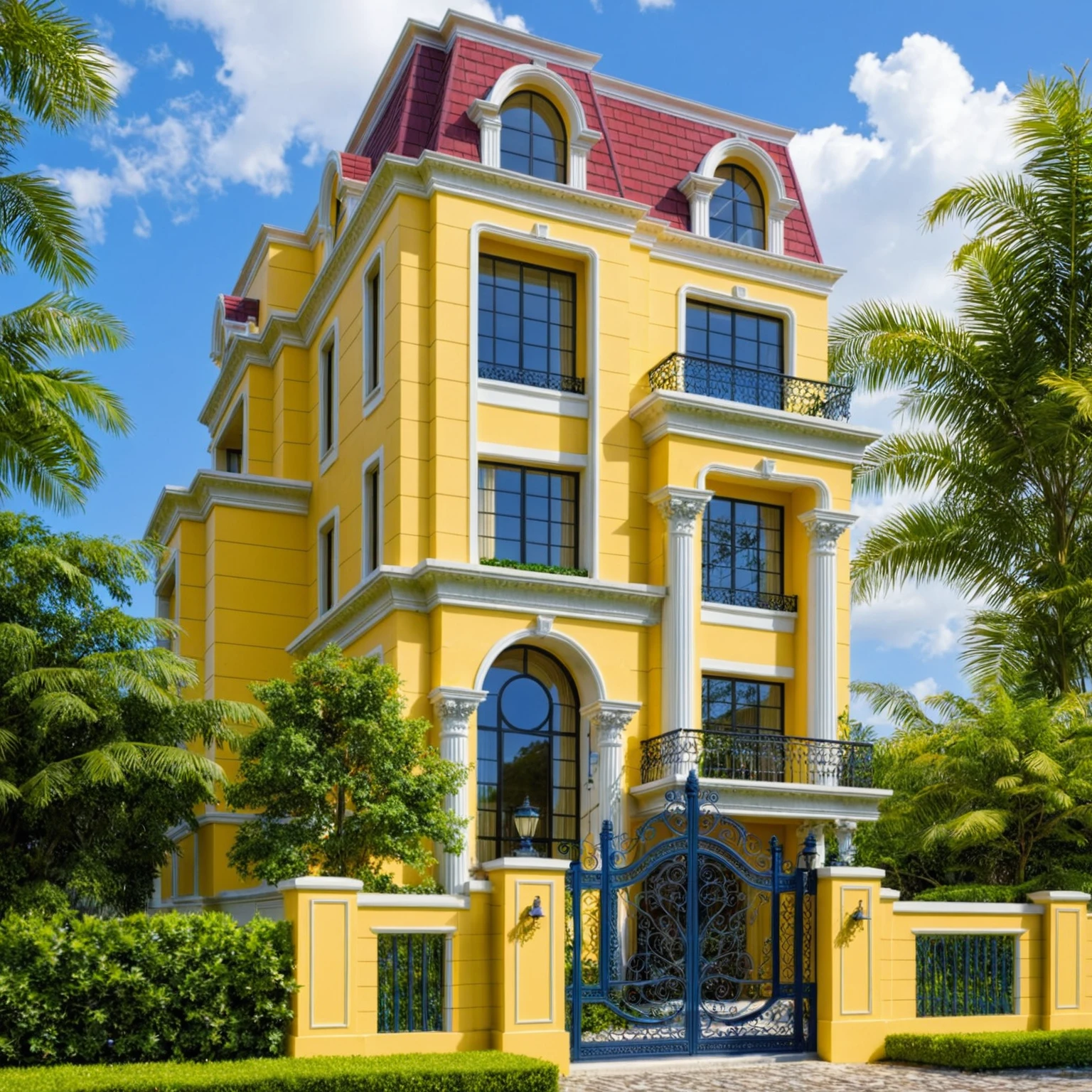 Raw photo, Masterpiece, high quality, best quality, authentic, super detail, exterior, outdoors, house style Indochine on the street, Painting the walls refers to applying color , Citigroup road , grass, trees, sky, cloud,  daylight:2.2), vivid colors, (realistic:2.3),
