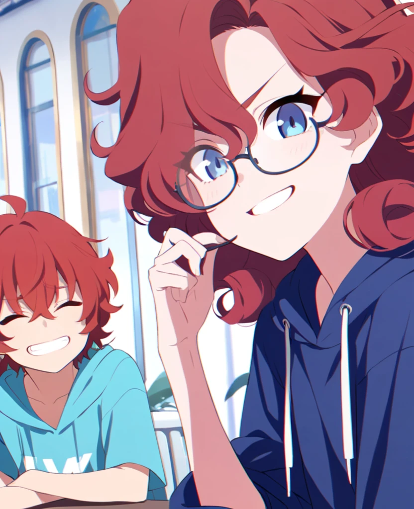 Make me a boy with curly red hair, glasses, blue eyes. A smug expression with a blue hoodie on.