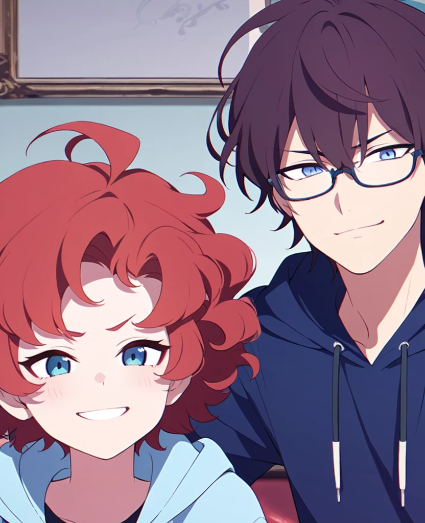 Make me a boy with curly red hair, glasses, blue eyes. A smug expression with a blue hoodie on.