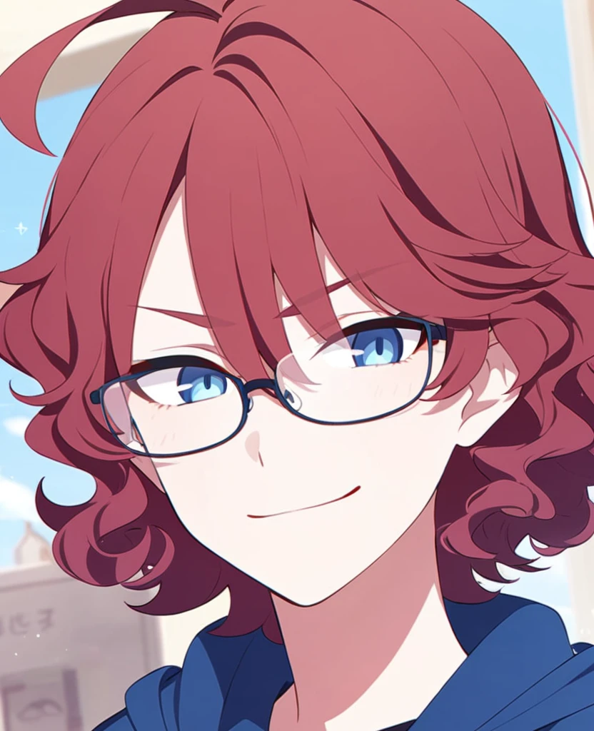 Make me a boy with curly red hair, glasses, blue eyes. A smug expression with a blue hoodie on.