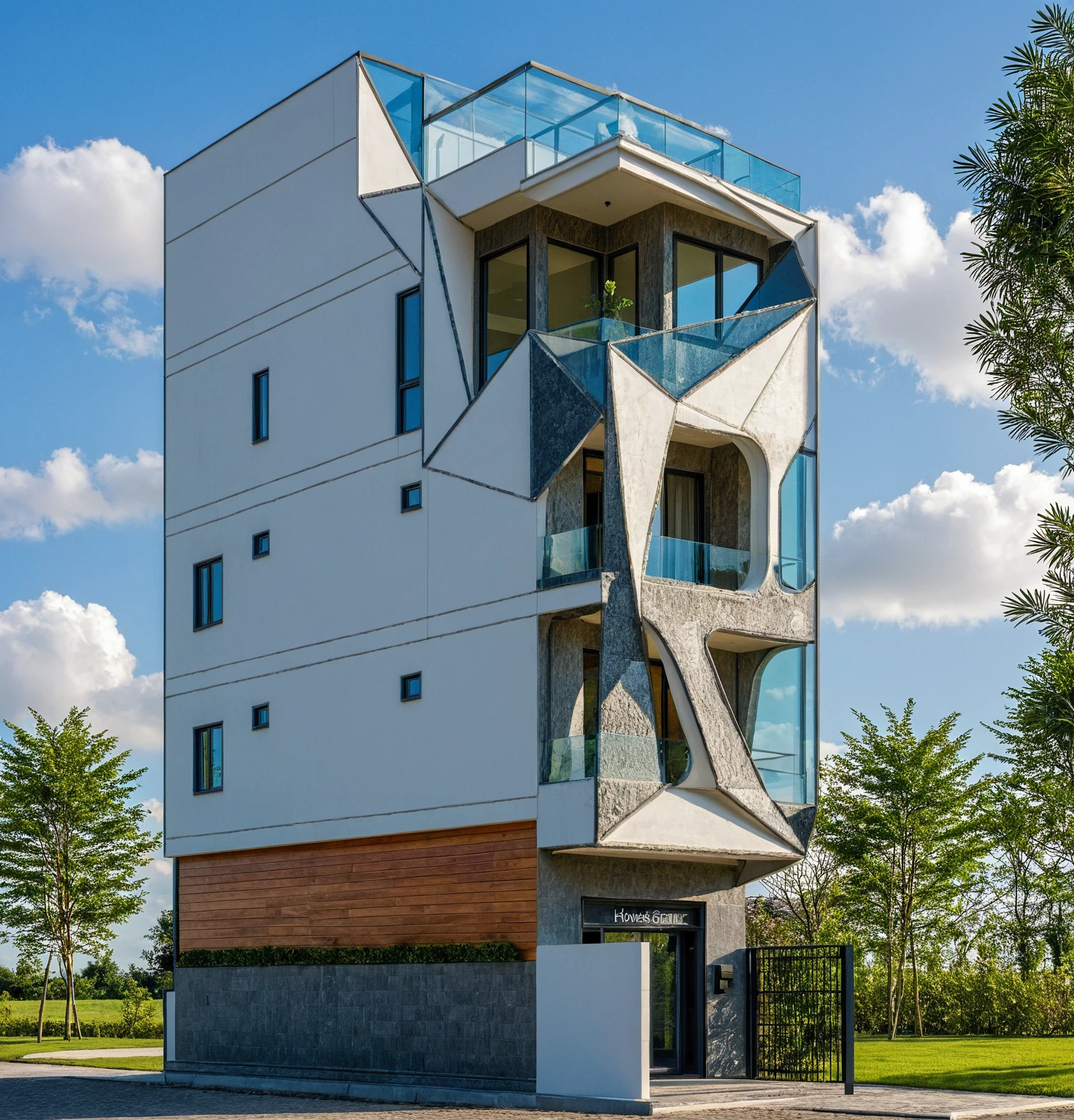 Masterpiece, high quality, best quality, authentic, super detail, outdoors, house style modern,bietthuhn, white wall, glass windows, gate road,pavement, grass, trees,blue sky, cloud, (day:1.1), realistic lighting