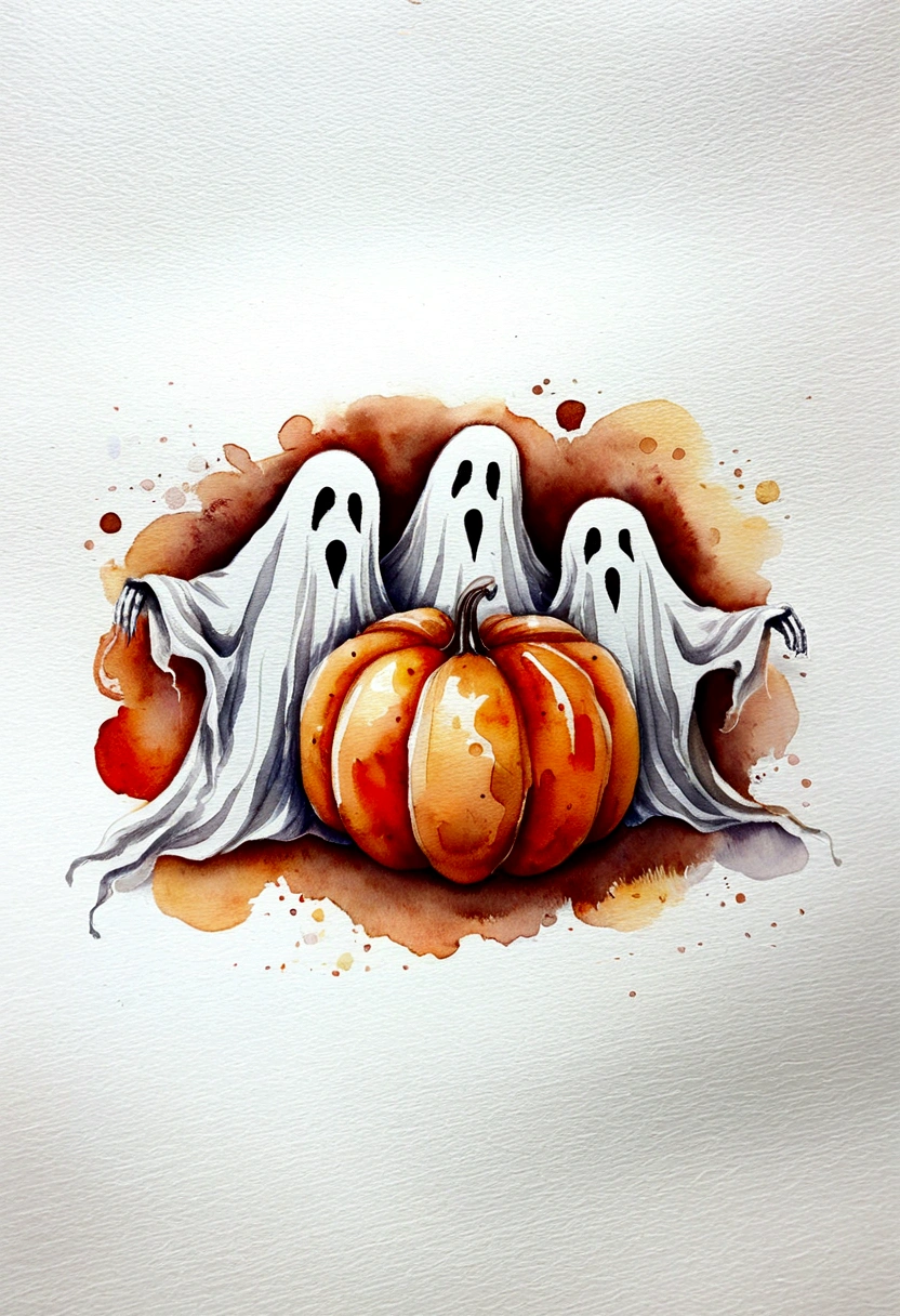 Three smiling ghosts,Wear a white hat,Holding orange pumpkin。Autumn Texture,White background,Dotted with orange and brown。Warm tones of orange and brown,It gives a softness、Simple feeling。Hand drawn watercolor illustration。The picture quality is clear,color