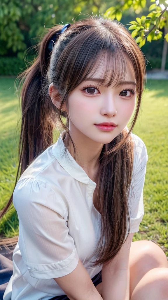 One piece with collar,outdoors,Urban Park,On the lawn,Ultra-detailed, finely detail, hight resolution, 8K Wallpaper, Perfect dynamic composition, Beautiful detailed eyes,Outdoor,Close-up of face,Outdoor,Blushing,Facing forward,,Long hair ponytail,((8k, Raw photo, Best Quality, Mastepiece:1.2), (Realism, Photorealistic:1.4), (Highly detailed 8K wallpapers), Depth of written boundary, Cinematic Lighting, Soft Light, Detailed Beauty Eye,Shiny and smooth light brown ponytail, Asymmetrical bangs, Shiny skin, Ultra-detailed skins ,It is high resolution., High detail, Detailed hairstyle, Detailed facial beauty, Hyper-realistic, Perfect limbs, Perfect Anatomy ,1 Japanese girl,Famous Japanese Idols, Perfect female body,A shy smile,Short eyelashes,Double-edged eyelids,Look straight here,Hair style: ponytail,