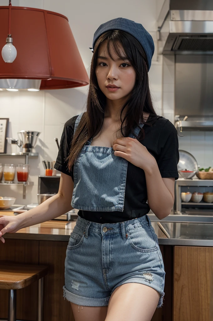 white Asian woman, only wear a black apron, Red Hat, blue jeans shorts, There is a glass filled with tea wedged between the left and right chest, Background in the cafe
