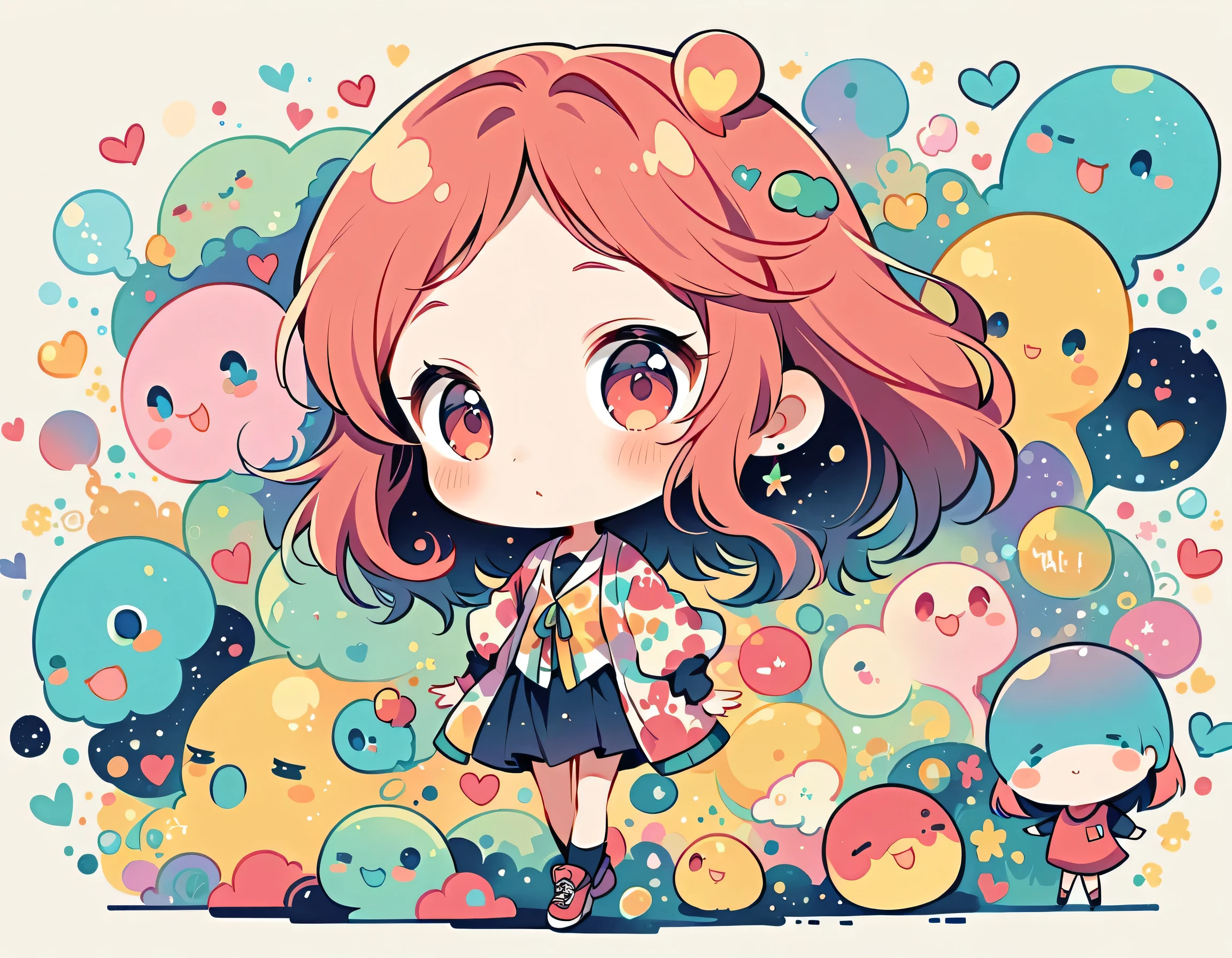 Mai Yoneyama style, Simple Line Initialism，Abstract art，Urban Background, colorful hearts ,(((The most beautiful girl of all time))), (((chibi))), (((Cute amoeba))), Space Travel