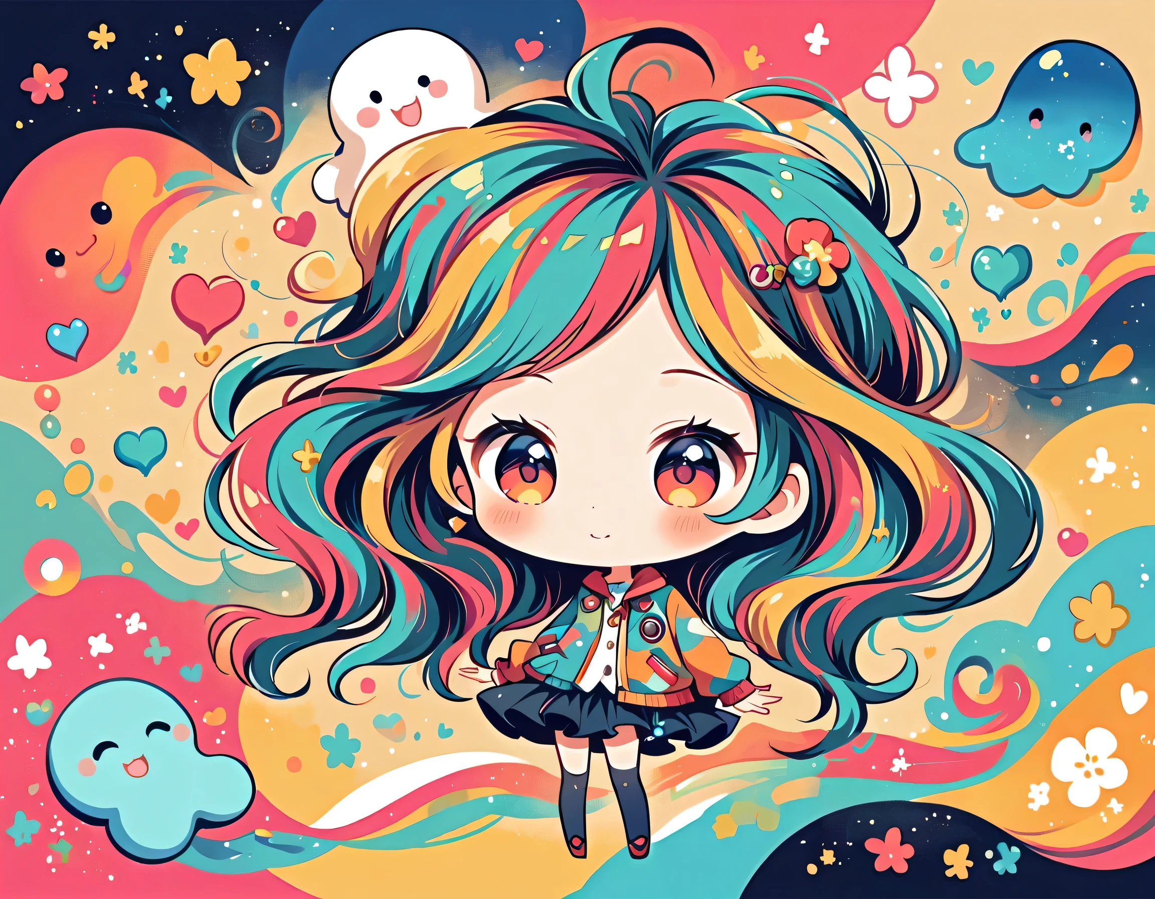 Mai Yoneyama style, Simple Line Initialism，Abstract art，Urban Background, colorful hearts ,(((The most beautiful girl of all time))), (((chibi))), (((Cute amoeba))), Space Travel