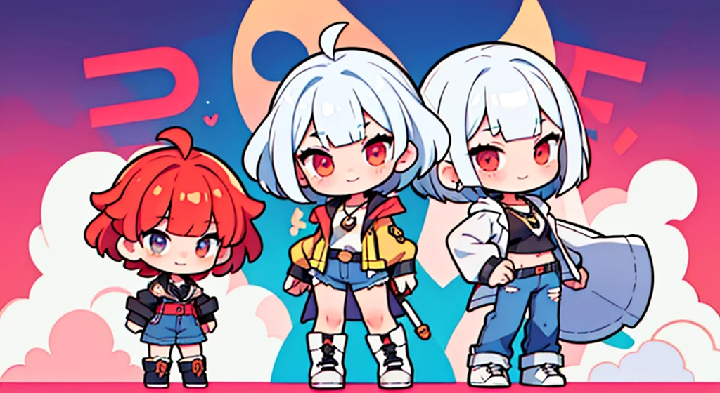 female , mystic knight, semi long, ahoge, bob cut, ahoge, flipped hair, diagonal bangs, blunt bangs, white hair, gradient hair, red hair, multicolored hair, red eyes, gradient eyes, eyes open, wide-eyed, big eyes, fair skin, short, leggy, slim, jacket, vest, jeans, choker, necklace, cute face, young adult, cel anime, manga, excited, delightful, determined, grinning, fighting, front view, looking at viewer, boots