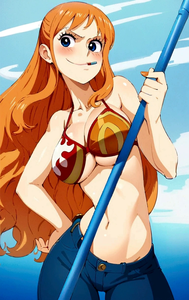 a cartoon picture of a woman in a bikini top and jeans, nami one piece, nami from one piece, nami, beautiful portrait of nami, from one piece, oppai, blue eyes, smoking, ponytail