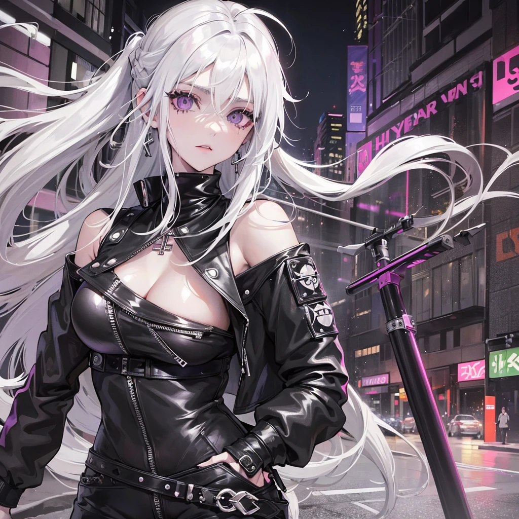 one girl , white haired with long ash hairstyle, cross earrings , cross necklace , Wearing a black leather biker jacket, black leather pants, , , city scenery , cool , Punk , Night Light , High quality, korean face, purple eyes, punk ,street wear, yakuza, nice body, beautiful face,soft skin ,attractive,