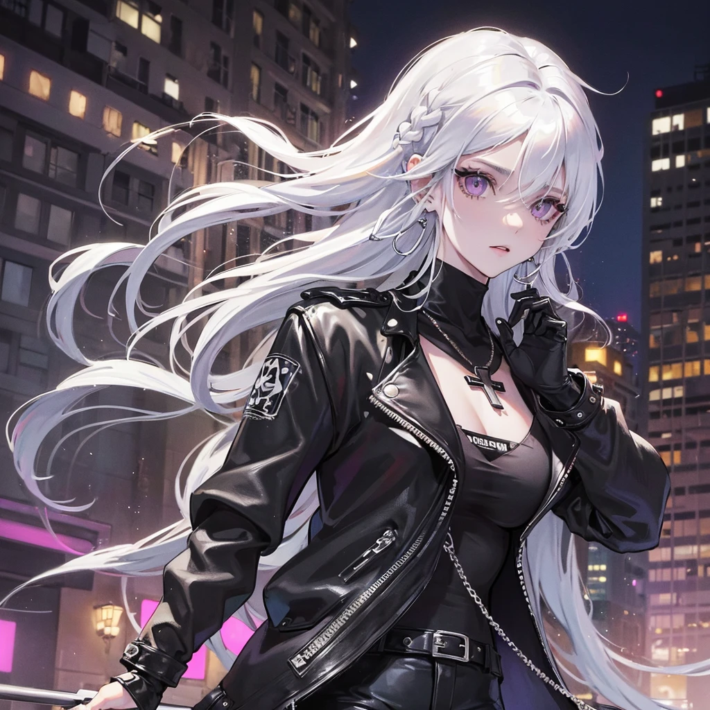 one girl , white haired with long ash hairstyle, cross earrings , cross necklace , Wearing a black leather biker jacket, black leather pants, , , city scenery , cool , Punk , Night Light , High quality, korean face, purple eyes, punk ,street wear, yakuza, nice body, beautiful face,soft skin ,attractive, 