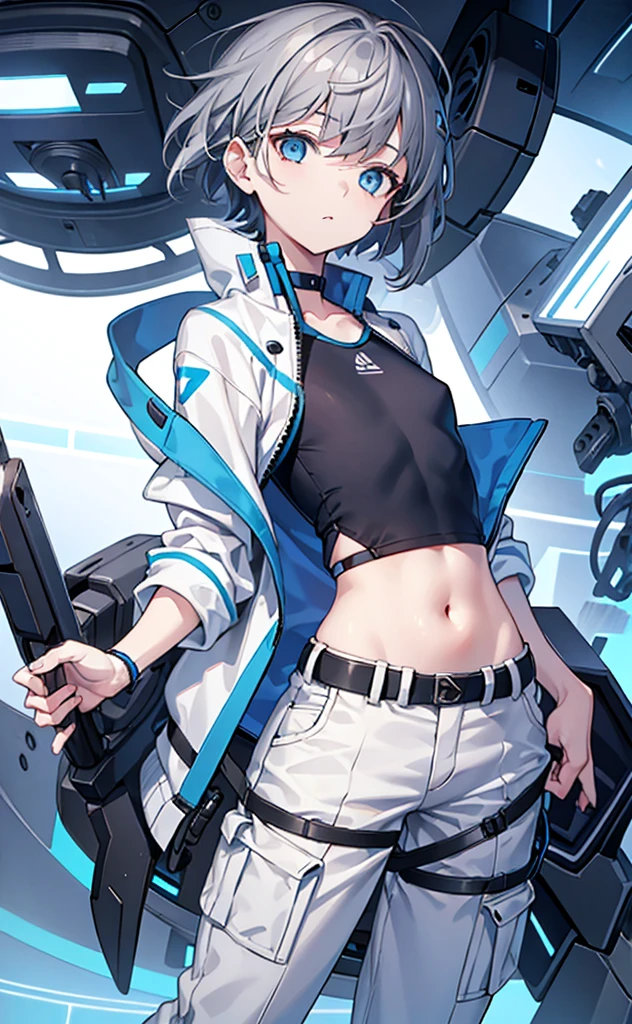 Girl，Tomboy，Dark gray hair，Blue Eyes，White jacket and blue short-sleeved top，Lower body trousers，Technology，flat chest。