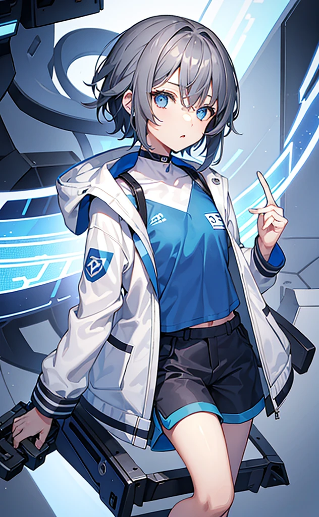 Girl,Tomboy,Dark gray hair,Blue Eyes,White jacket and blue short-sleeved top,Lower body trousers,Technology,flat chest。