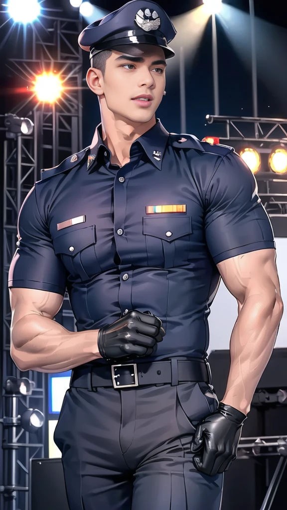handsome man,(crew cut short hair:1.2),black eye,smile,open mouth
(navy police uniform:1.2),(shirt short sleeves:1.2),collar,(shirt covered over:1.2),(name tag and Police badge:1.2),(shirt no buttons:1.1),(black_gloves:1.3),
(Navy blue cargo:1.2),Korean guy,korean men,(High gloss details),(chest muscles:1.2),(large arm muscles:1.2),blood vessel,Big muscles,Broad shoulders,looking at the audience,Balancing the eyes,middle of the road,(stage:1.4),