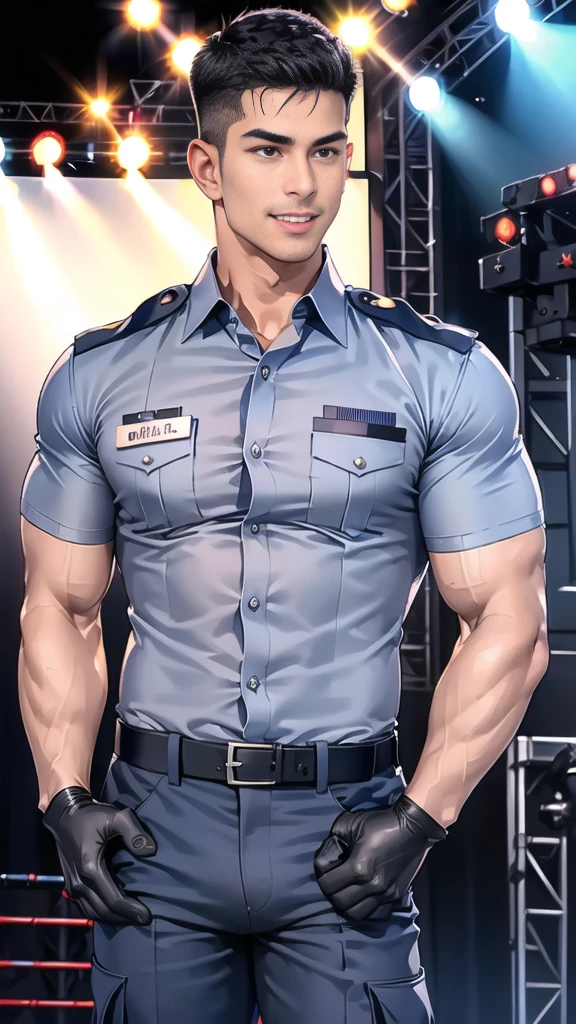handsome man,(crew cut short hair:1.2),black eye,smile,open mouth
(navy police uniform:1.2),(shirt short sleeves:1.2),collar,(shirt covered over:1.2),(name tag and Police badge:1.2),(shirt no buttons:1.1),(black_gloves:1.3),
(Navy blue cargo:1.2),Korean guy,korean men,(High gloss details),(chest muscles:1.2),(large arm muscles:1.2),blood vessel,Big muscles,Broad shoulders,looking at the audience,Balancing the eyes,middle of the road,(stage:1.4),