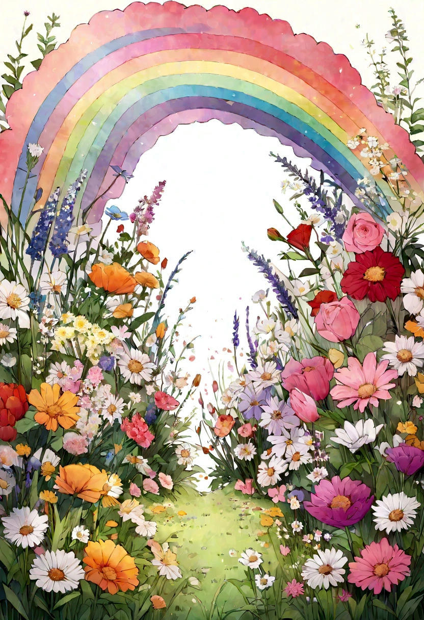 There is a painting of a flower field on a white background, Flower painting background, Flower Explosion, A beautiful field of flowers, Mottled flowers, Plant Rainbow Background, Floral details, Exquisite garden on paper, Flower environment, Flower growth, Floral!, Floral embroidery, Blooming flowers, Made from wildflowers, Flower Wallpaper, Flower field background, Floral 鲜花 多彩, Flowers on the grass,Cocktails among the flowers