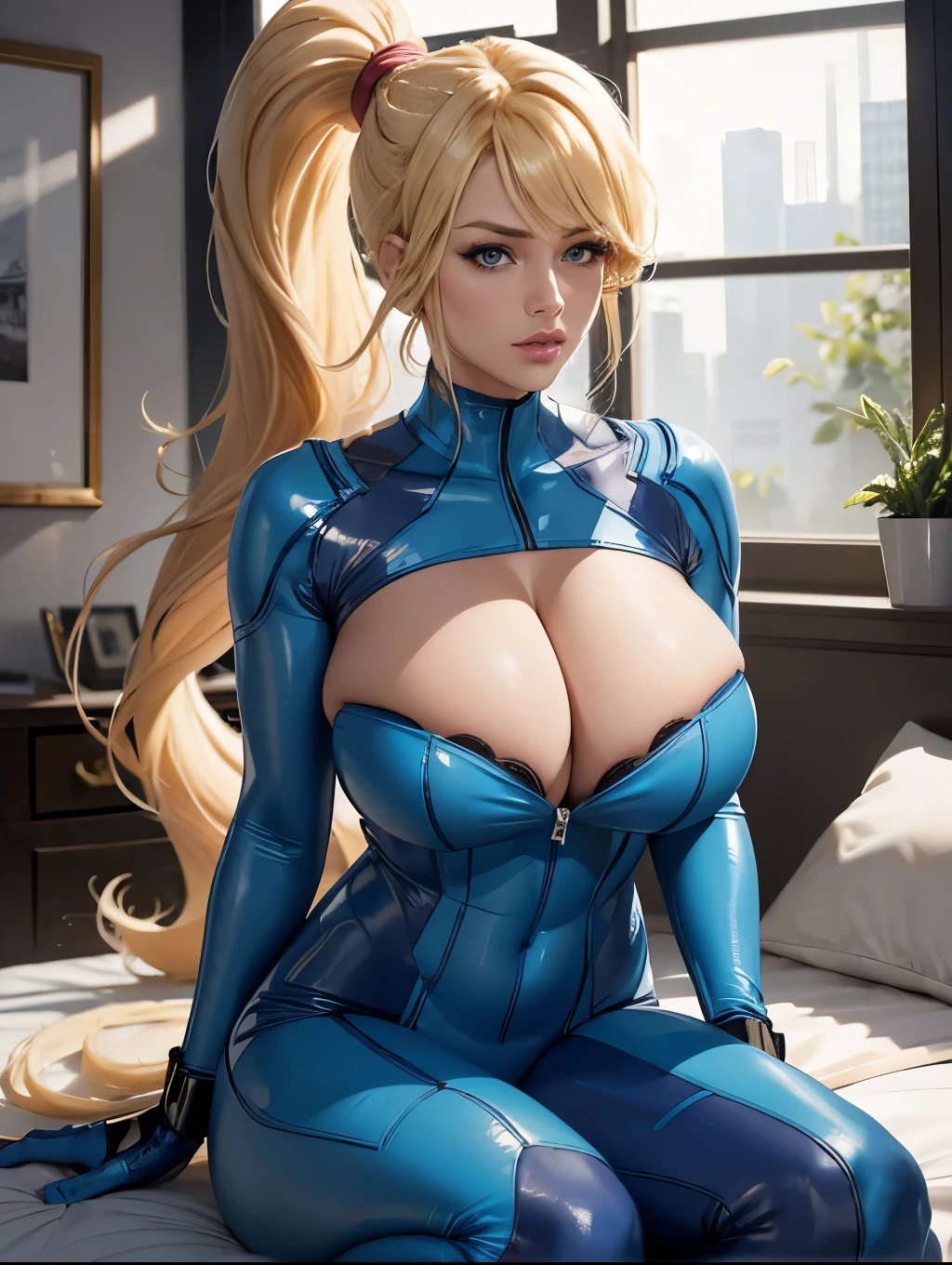 ((masterpiece)), ((best quality)), (detailed), perfect, solo, samus, gorgeous woman, luscious lips, ((blond hair, long hair, ponytail)), huge breast, deep cleavage, gigantic breasts, (crochet bra), strapless, pink bra, looking at viewer, bursting breasts, (blue bodysuit), cowboy shot, bedroom, sitting on bed, bra peek, bare neck, unzipped bodysuit