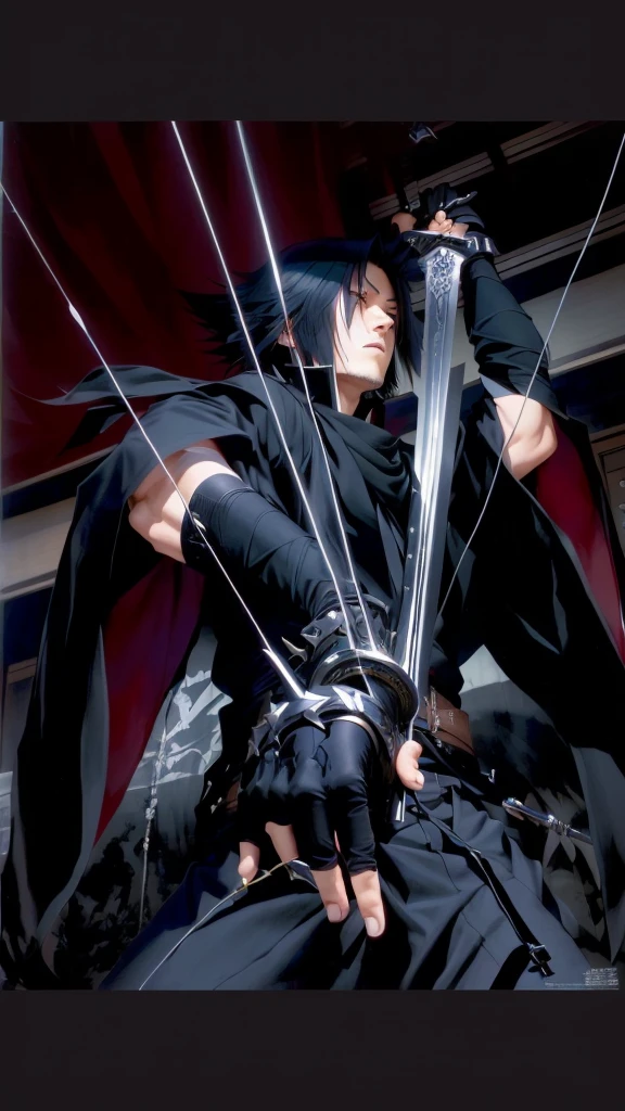 A man in his 20s wearing black clothes and holding a sword, Kiri from reproach!, takato yomamoto. 8K , Renji Murata and Artgerm, Great composition, ikuto yamashita, Masayoshi Sudo and Artgelm, Also, takato yomamoto, Pull the string with your index finger、high resolution、Real Image
