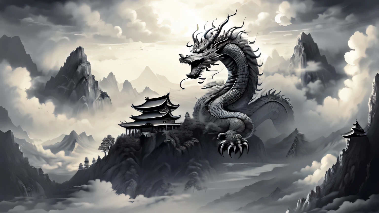 Dragon,eastern Dragon,east asian architecture,architecture,Monochrome,cloud,grayscale,null,fog,scenery,horn,Mountain,cloudy null,