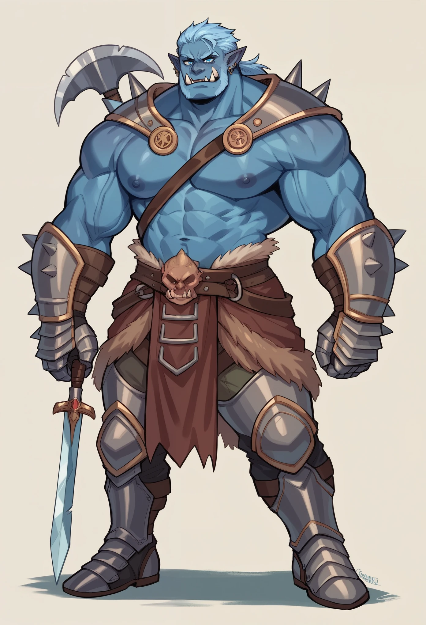 Skin: blue-azure. Ears: sharp, elf-like. Build: muscular, orc-like. Fangs: massive. Eyes: piercing, icy blue. Hair: dark blue, cascading to shoulders. Armor: fully enclosed, predominantly azure with intricate brown accents and mystical engravings. Pauldrons: broad, spiked. Gauntlets: reinforced. Greaves: sturdy. Weapon: double-edged battle axe (ancient, etched blade) and dagger (sheathed at side). Overall appearance: a blend of savage strength and otherworldly grace.