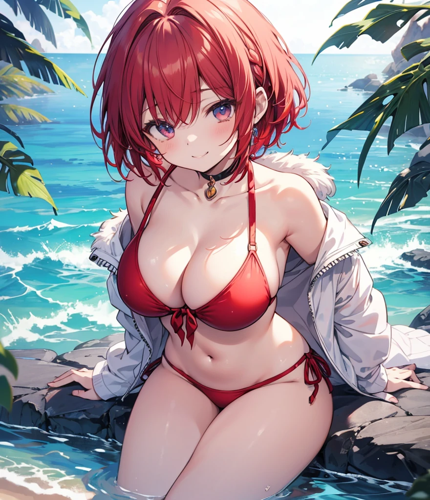 (masterpiece), (Top quality anime illustrations), Emphasize cleavage, Red Bikini,Red Hair、Swimwear、Titty fuck、Bob Hair、Showing off big breasts、short hair、1 person、Big Breasts、Beautiful breasts、Grinning smile、transformation