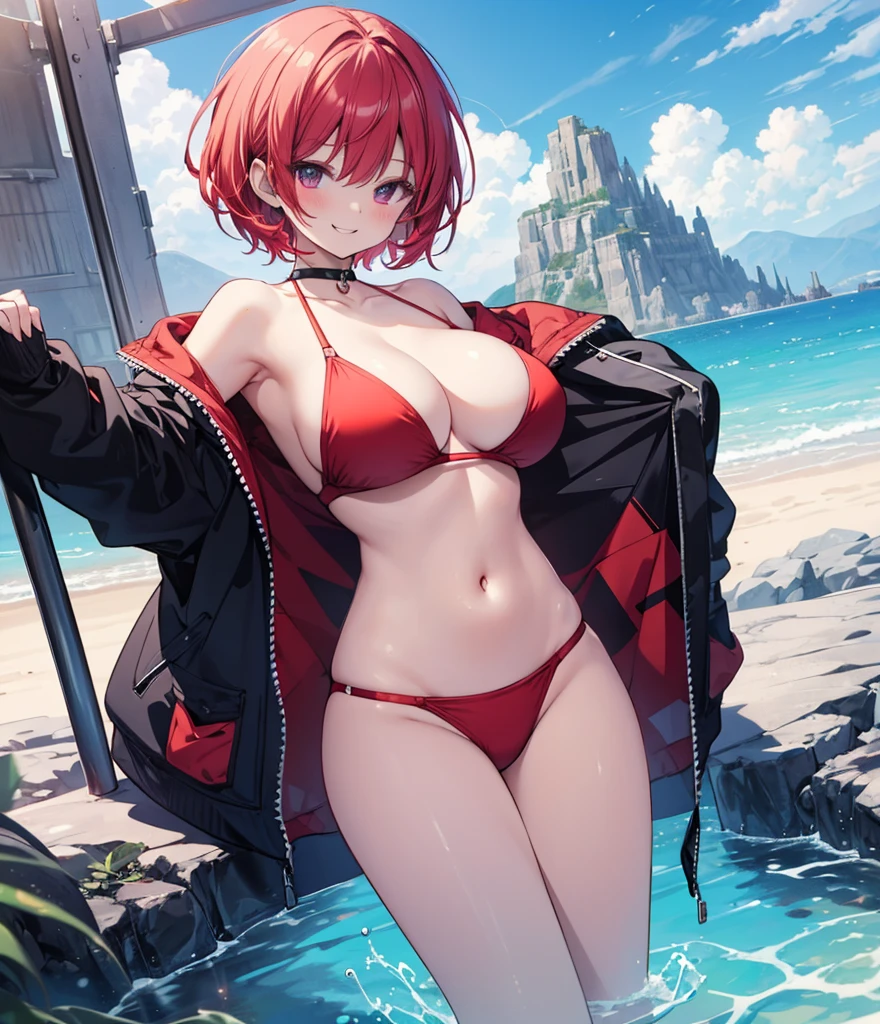 (masterpiece), (Top quality anime illustrations), Emphasize cleavage, Red Bikini,Red Hair、Swimwear、Titty fuck、Bob Hair、Showing off big breasts、short hair、1 person、Big Breasts、Beautiful breasts、Grinning smile、transformation