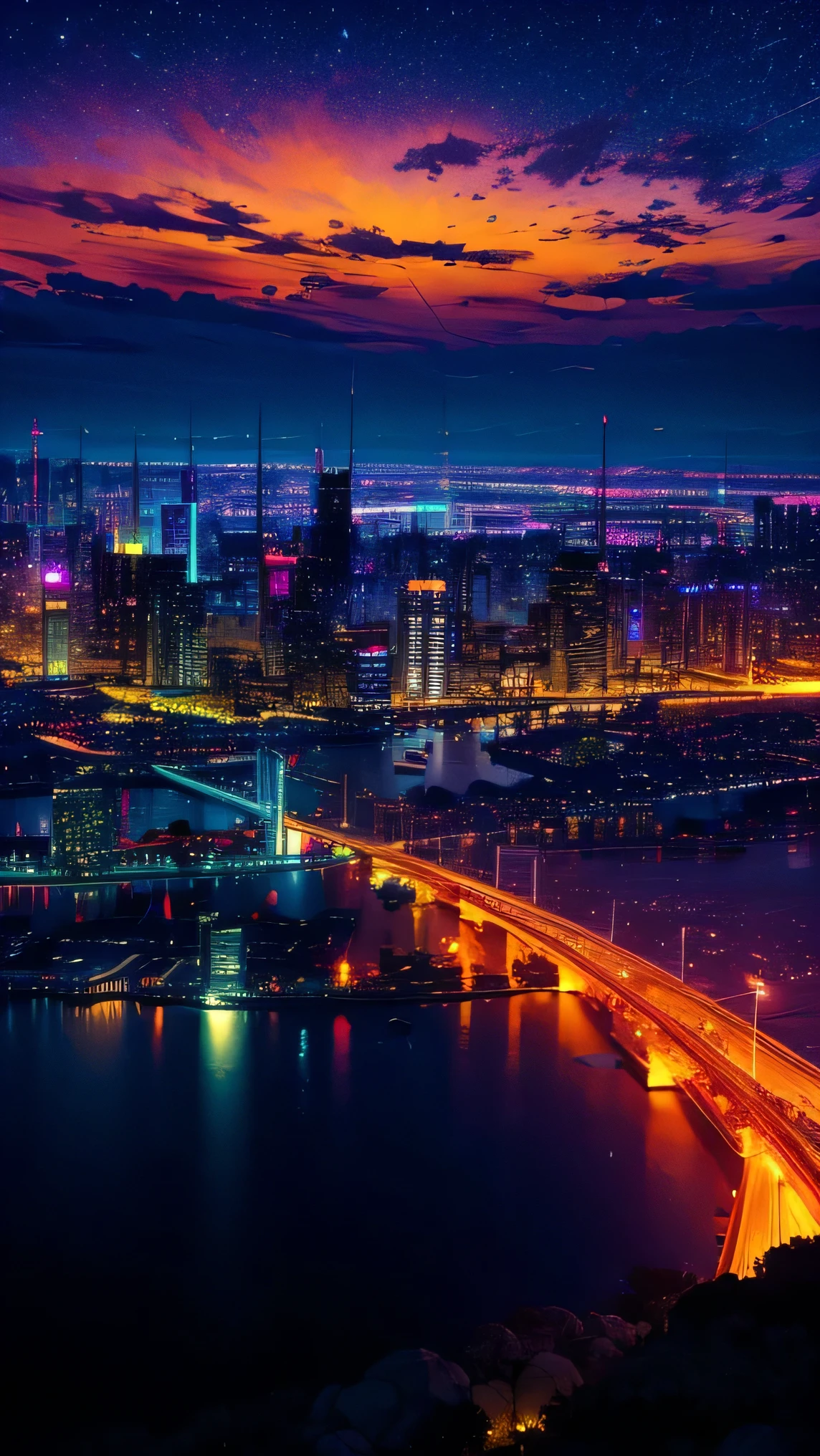 night view from above、Draw lots of skyscrapers, Stargazing. Surrounded by colorful nebulae and colorful metropolises..