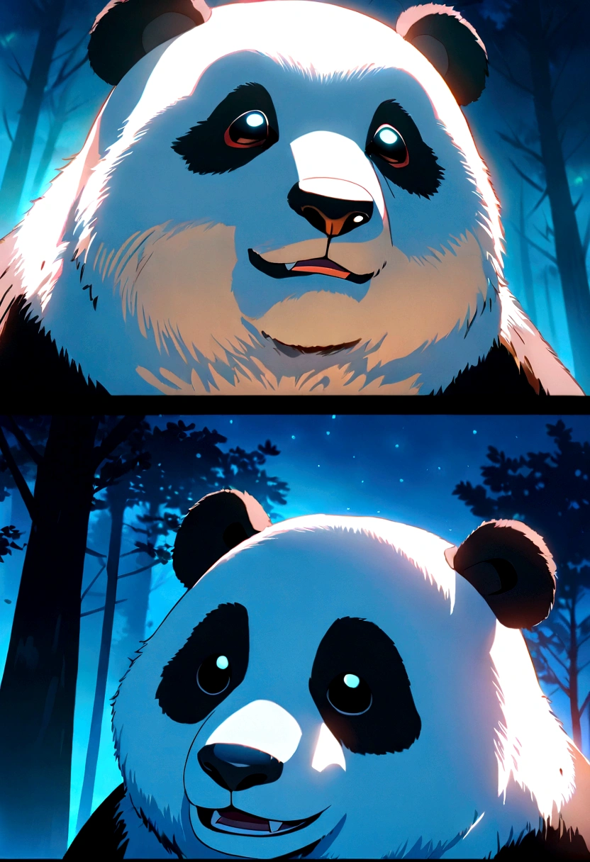 masterpiece, Highest quality, Movie stills, 1 panda, Bright and bright close-up, Cheerfulness, Soft lighting and warmth, night, Panda looking up at the sky in the forest