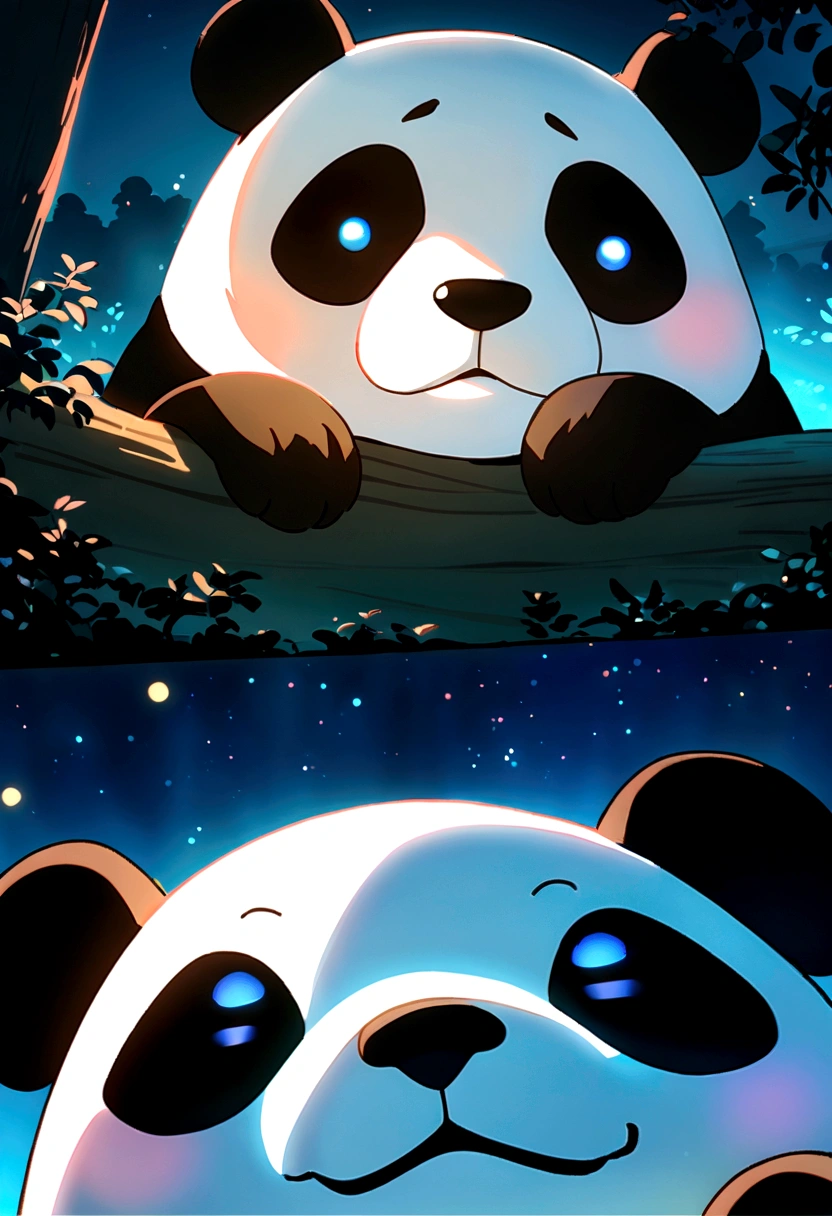 masterpiece, Highest quality, Movie stills, 1 panda, Bright and bright close-up, Cheerfulness, Soft lighting and warmth, night, Panda looking up at the sky in the forest