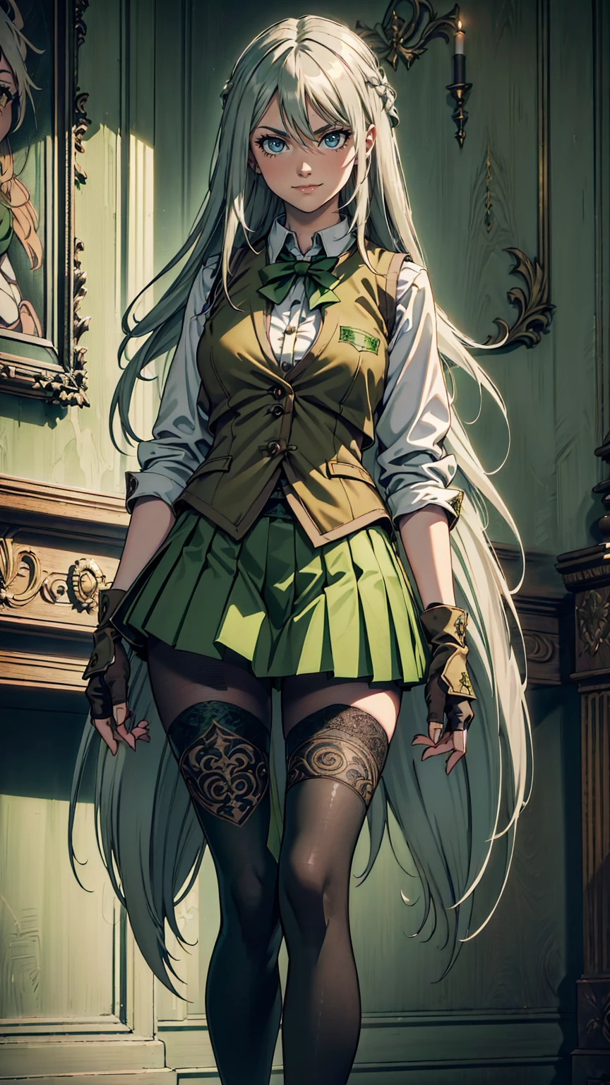 最high quality、Ultra High Definition, Ultra High Quality, Hyper Definition, Hyper Quality, Hyper Detailed, Extremely Detailed, Perfectly Detailed, Best image quality、masterpiece、woman((20-year-old、super dynamic pose , legs bent at the knees, Green solid eyes, Silver long Hair、Disheveled Hair、Long White Hair、thin,Fingerless Glove、Green Skirt, Tights, evil smile, wicked expression、Brown School Vest , Dressed in school)),high quality、Beautiful art、background((Inside the mansion))、Written boundary depth、 dynamic pose, movie、Visual Arts、Perfect art、8K,Genuine、