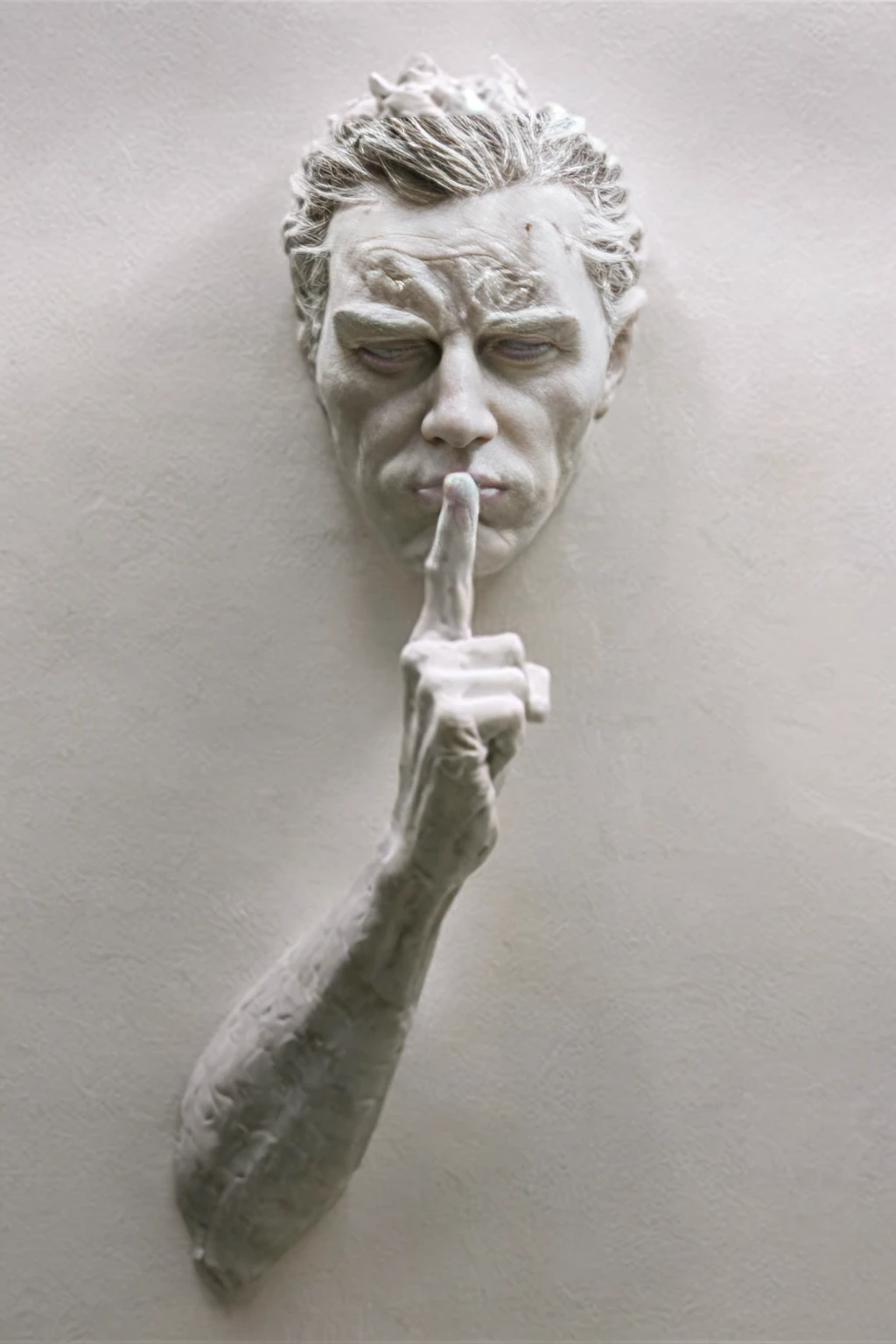 a close up of a sculpture of a person with a finger on his lips, give your mouth, don&#39;t speak badly, with the finger pointing, silence, hand on the cheek, sculpture, thinker, clay sculpture, funny sculpture, sculptor, Mauricio Cattelan, solemn gesture, hypperrealistic 3 d sculpture, by David Begbie, dramatic work of art, by Thierry Bisch