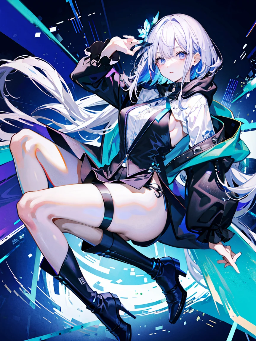 (Fine and beautiful eyes)、long hair,Long, blue-gray hair,Two moles under the eyes,Beautiful purple eyes,Detailed eyes,Detailed face,Large breasts,Black Hoodie、Thin legs,Long black boots、High resolution eyes、Jewel-like eyes、Straight Hair、Minimally revealing clothing、Short, oversized black shorts、Extreme Detail、High resolution、Shining Eyes