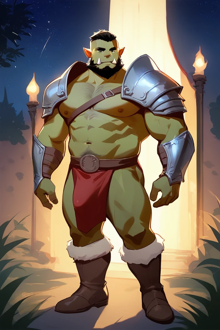 score_9, score_8_up, score_7_up, solo, male focus, mature male, orc, green skin, tusks, beard, outdoors, micro shoulder armor, breastplate, upper body, closed mouth, pauldrons, night, night sky, standing , boots  , shirtless , (no underwear) , full body , black boots , nicebulge