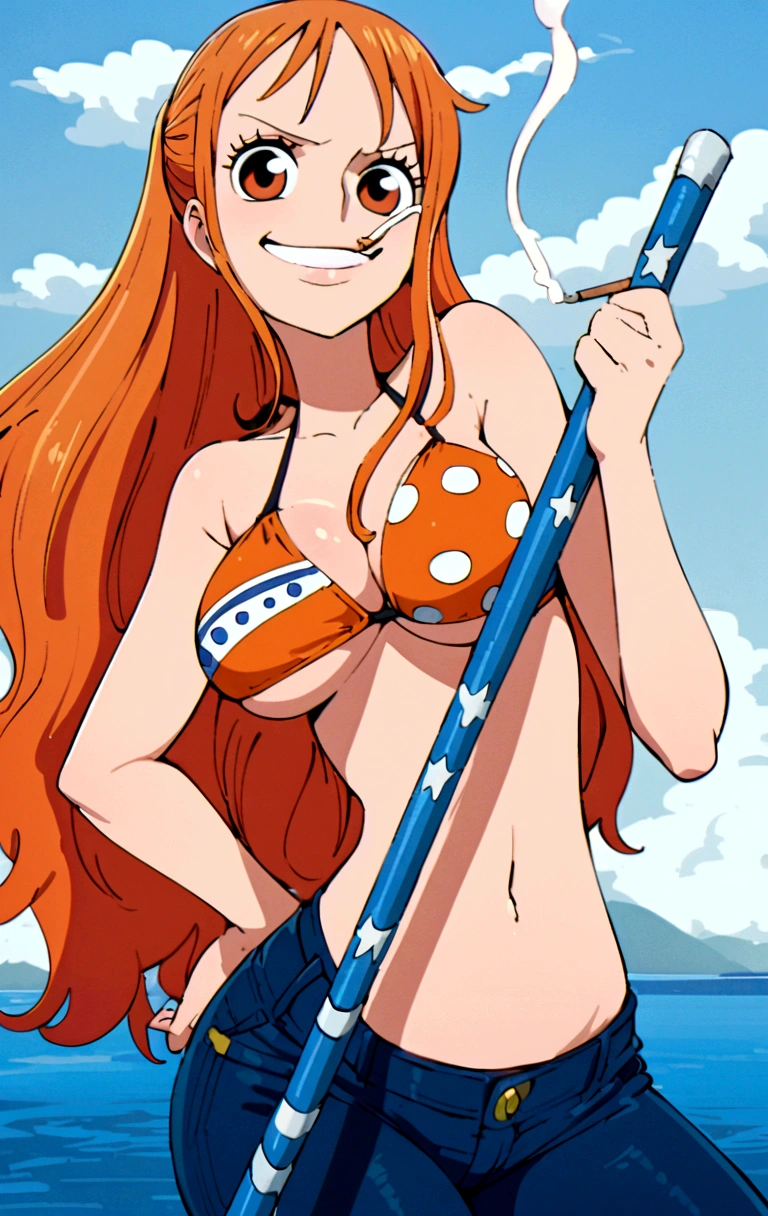 a cartoon picture of a woman in a bikini top and jeans, nami one piece, nami from one piece, nami, beautiful portrait of nami, from one piece, oppai, blue eyes, smoking, ponytail