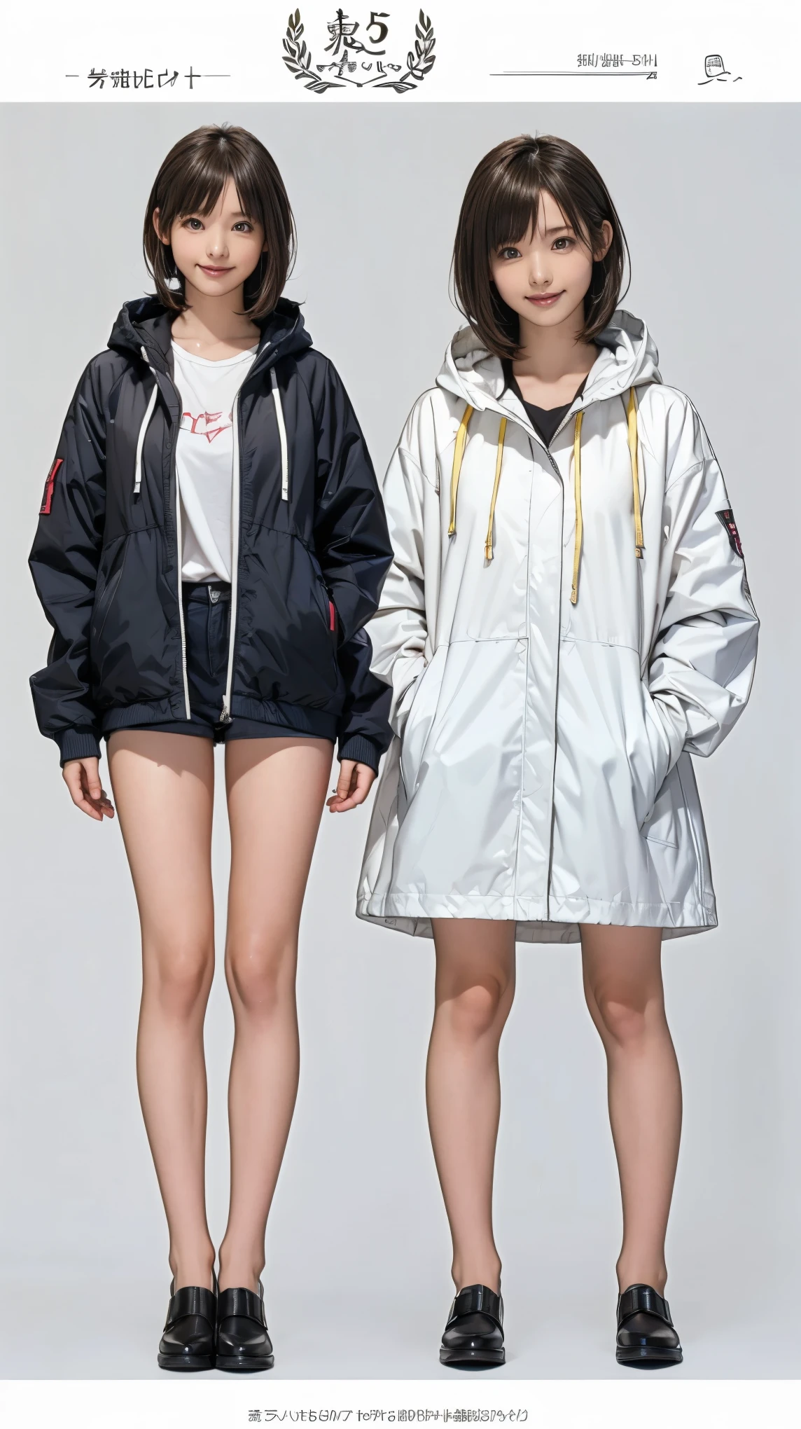 ((masterpiece)),(((Highest quality))),((Character design sheet)), Thin thighs,Long legs,18 year old Japanese girl, Cute type,The best smile:1.5、White long parka:1.5, Black panties peek:1.5,Short cut side wave , (Highly detailed skin), background is gray,