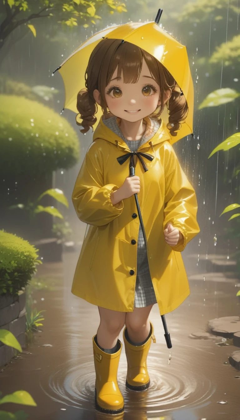 quality\(8K,非常に精細なCGユニットのwallpaper, masterpiece,High resolution,top-quality,top-quality real texture skin,Surreal,Increase the resolution,RAW Photos,最高quality,Very detailed,wallpaper\),BREAK、One Girl、5talent、Little Girl、Innocent and cute face、smile、Brown Hair、Pigtails、Wet day、Yellow Raincoat、Put on the hood of your raincoat、Yellow Boots、Girl getting wet playing with umbrella umbrella、、長靴でpuddleの水をスパークさせている、garden、puddle、